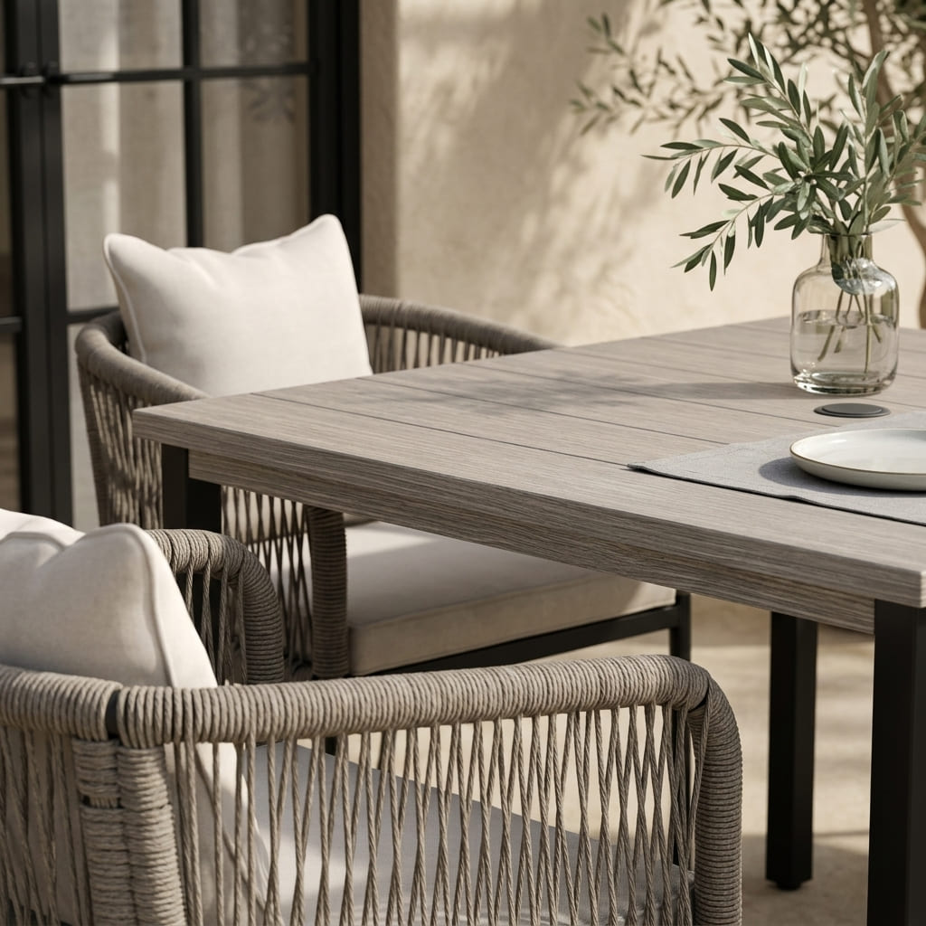 Vicllax 5-Piece Outdoor Patio Dining Set - 40.2-Inch Square Table with Umbrella Hole and Aria Modern Woven Rope Armchair