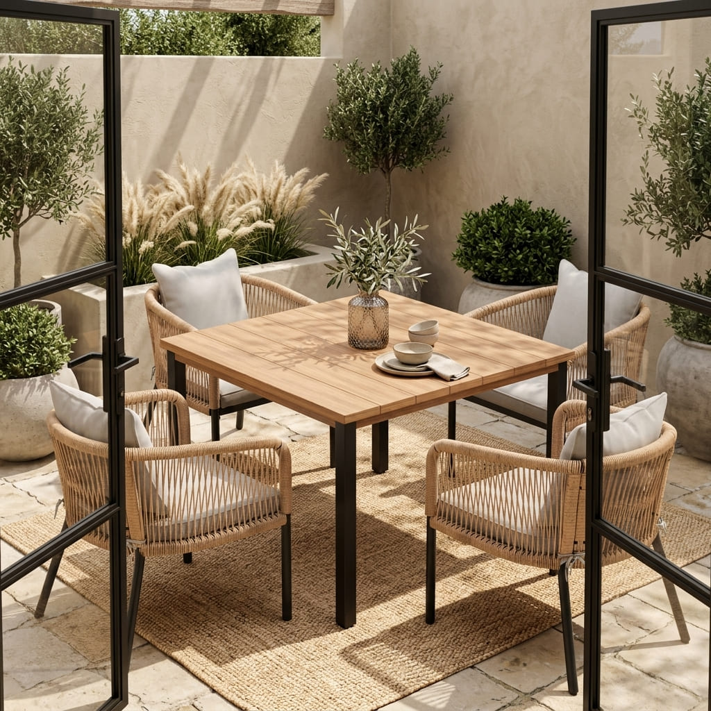 Vicllax 5-Piece Outdoor Patio Dining Set - 40.2-Inch Square Table with Umbrella Hole and Aria Modern Woven Rope Armchair