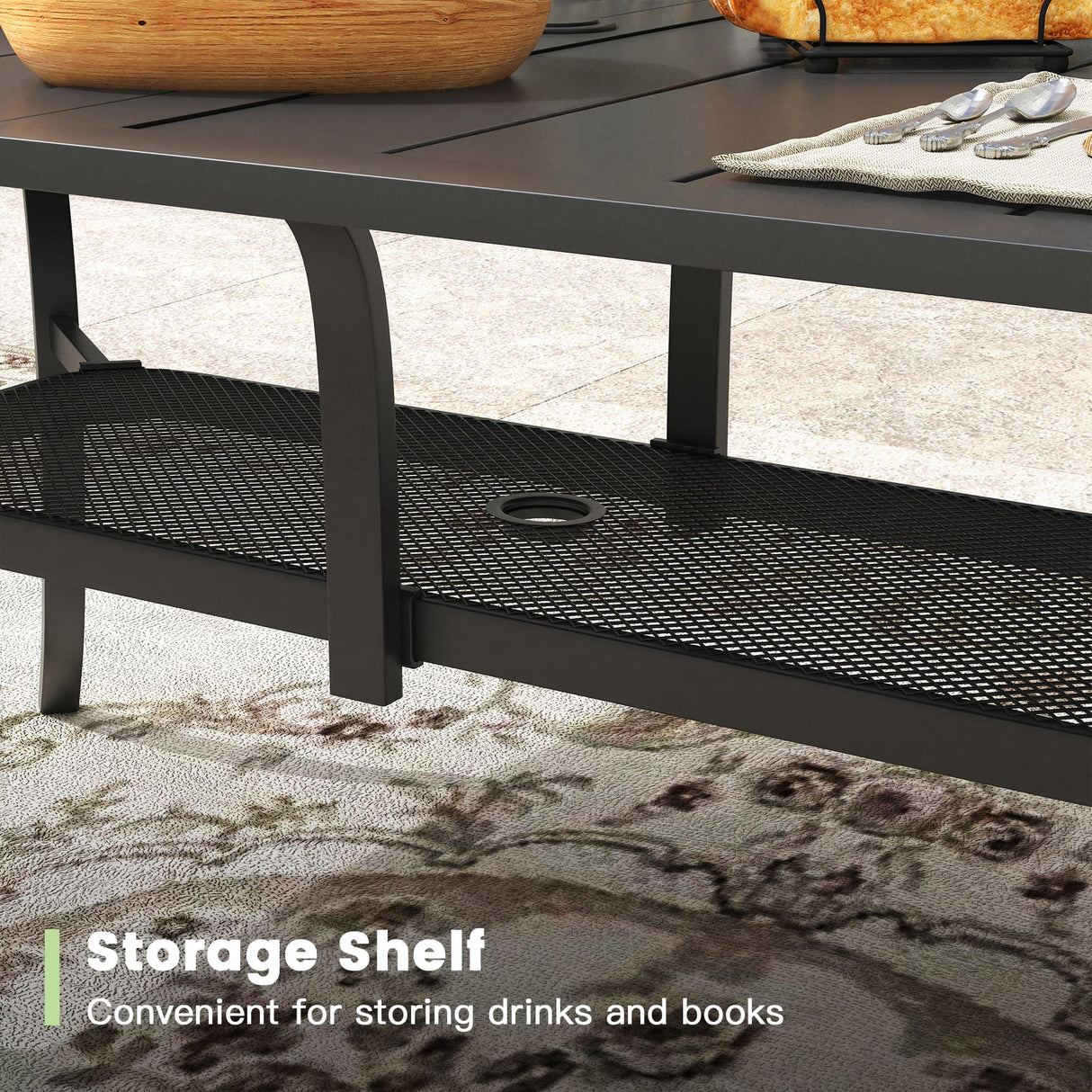 Vicllax Outdoor Dining Table for 6, Patio Metal Curved Steel Slat Table with Umbrella Hole