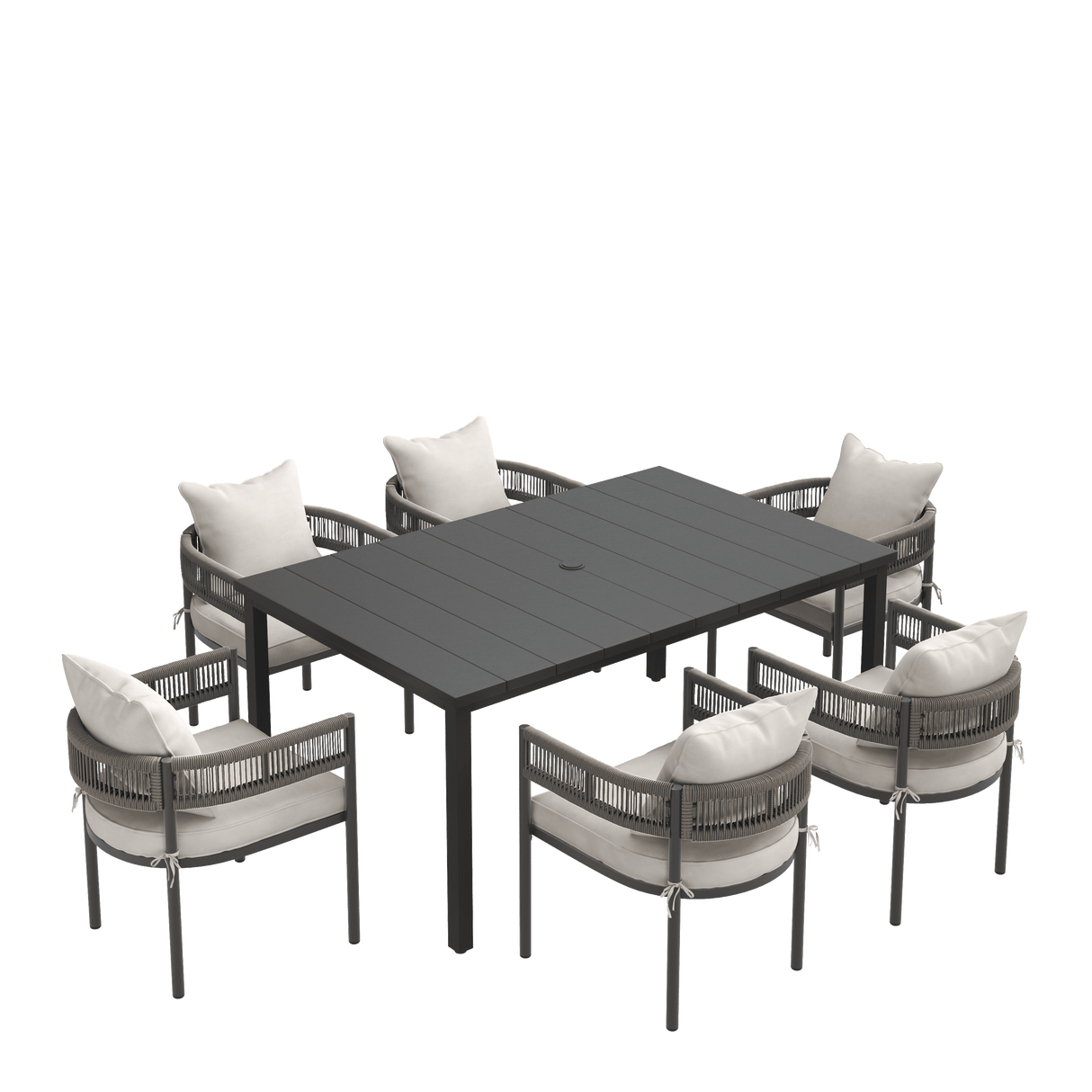 VICLLAX 7-Piece Weather-Resistant Outside Dining Furniture - 63" Rectangular Slat-Top Table with 6 Aria Low-back Outdoor Dining Armchair
