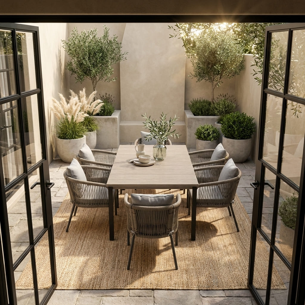 Vicllax 7-Piece Outside Dining Furniture - 63" Rectangular Slat-Top Table with Aria Modern Woven Rope Armchair