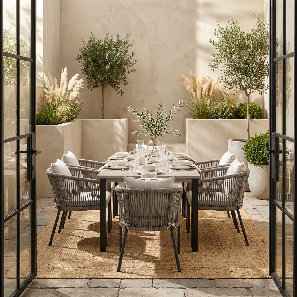 Vicllax 7-Piece Outside Dining Furniture - 63" Rectangular Slat-Top Table with Aria Modern Woven Rope Armchair