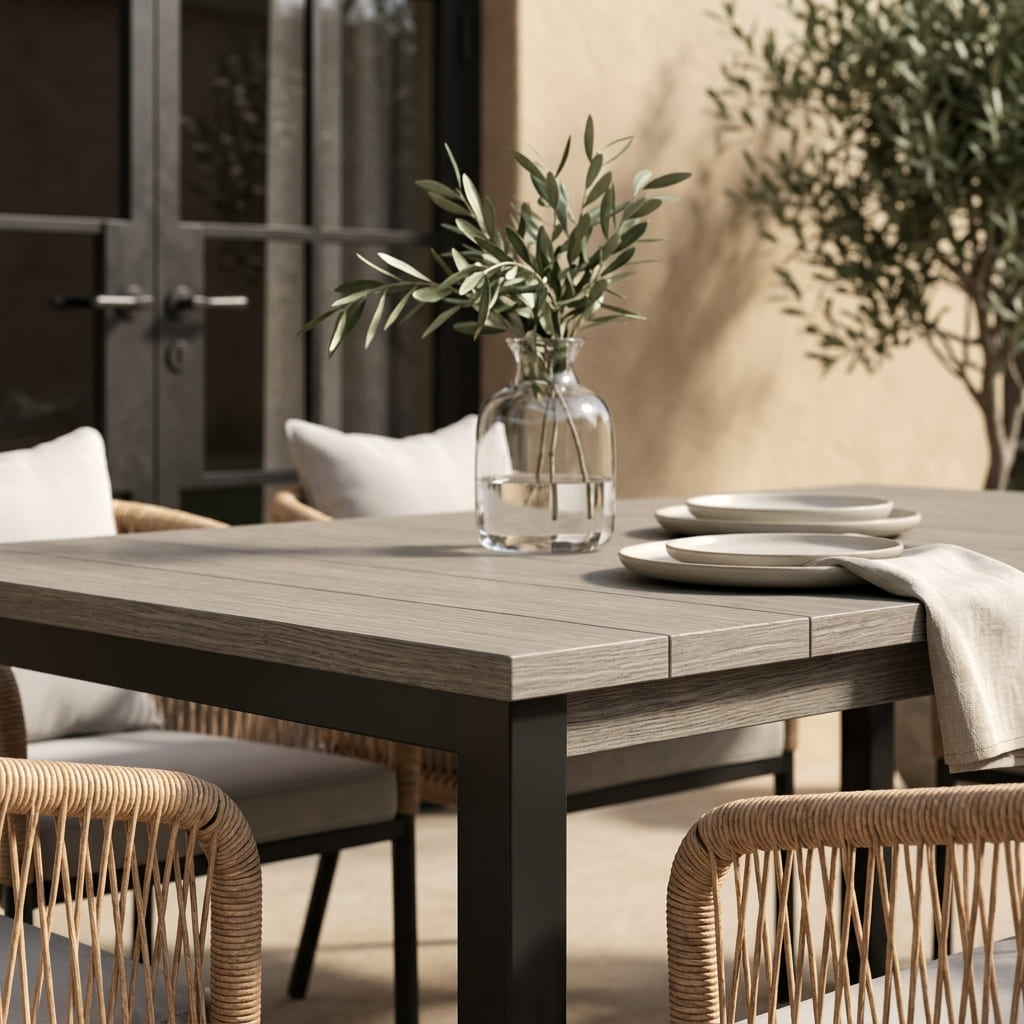 Vicllax 7-Piece Outside Dining Furniture - 63" Rectangular Slat-Top Table with Aria Modern Woven Rope Armchair