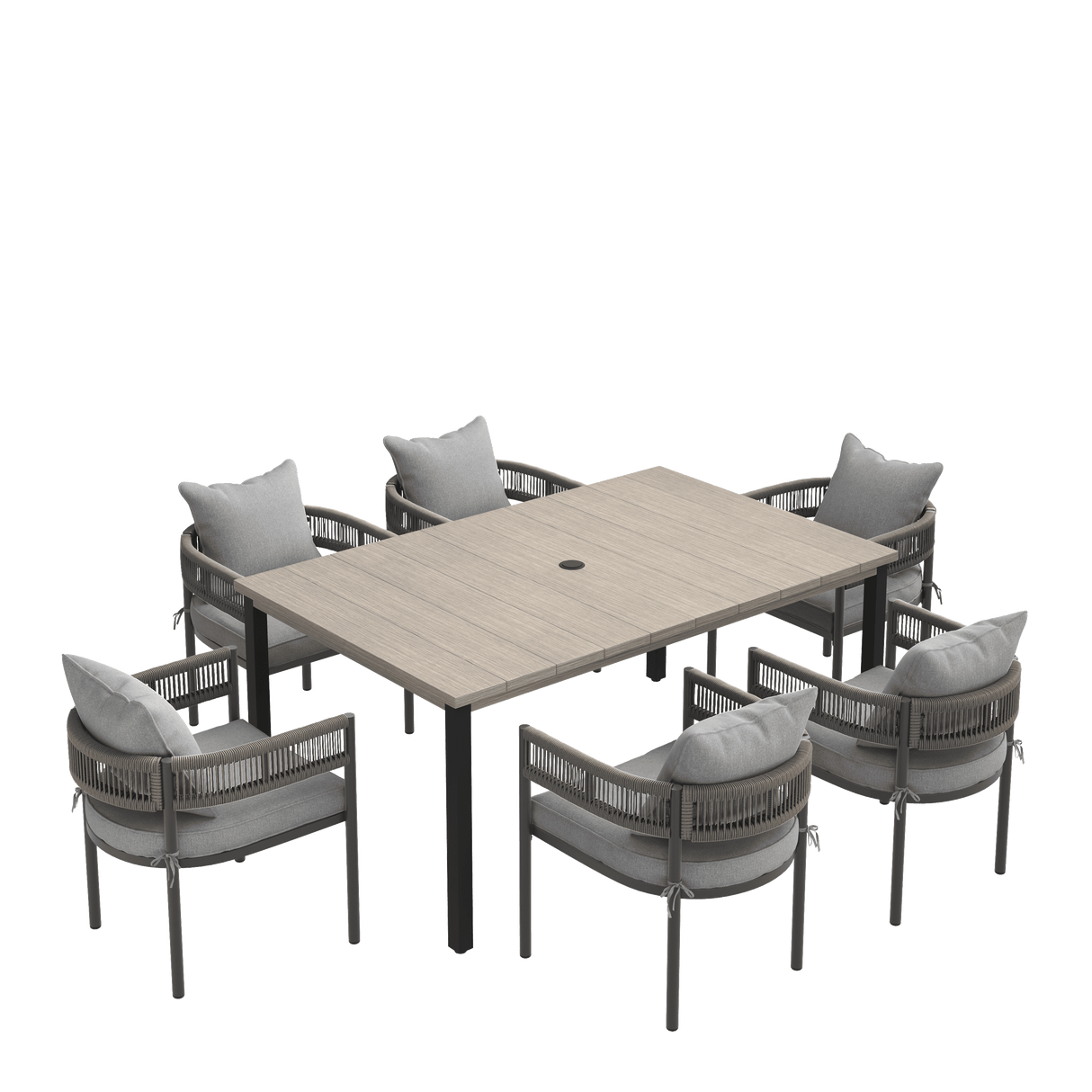 VICLLAX 7-Piece Weather-Resistant Outside Dining Furniture - 63" Rectangular Slat-Top Table with 6 Aria Low-back Outdoor Dining Armchair