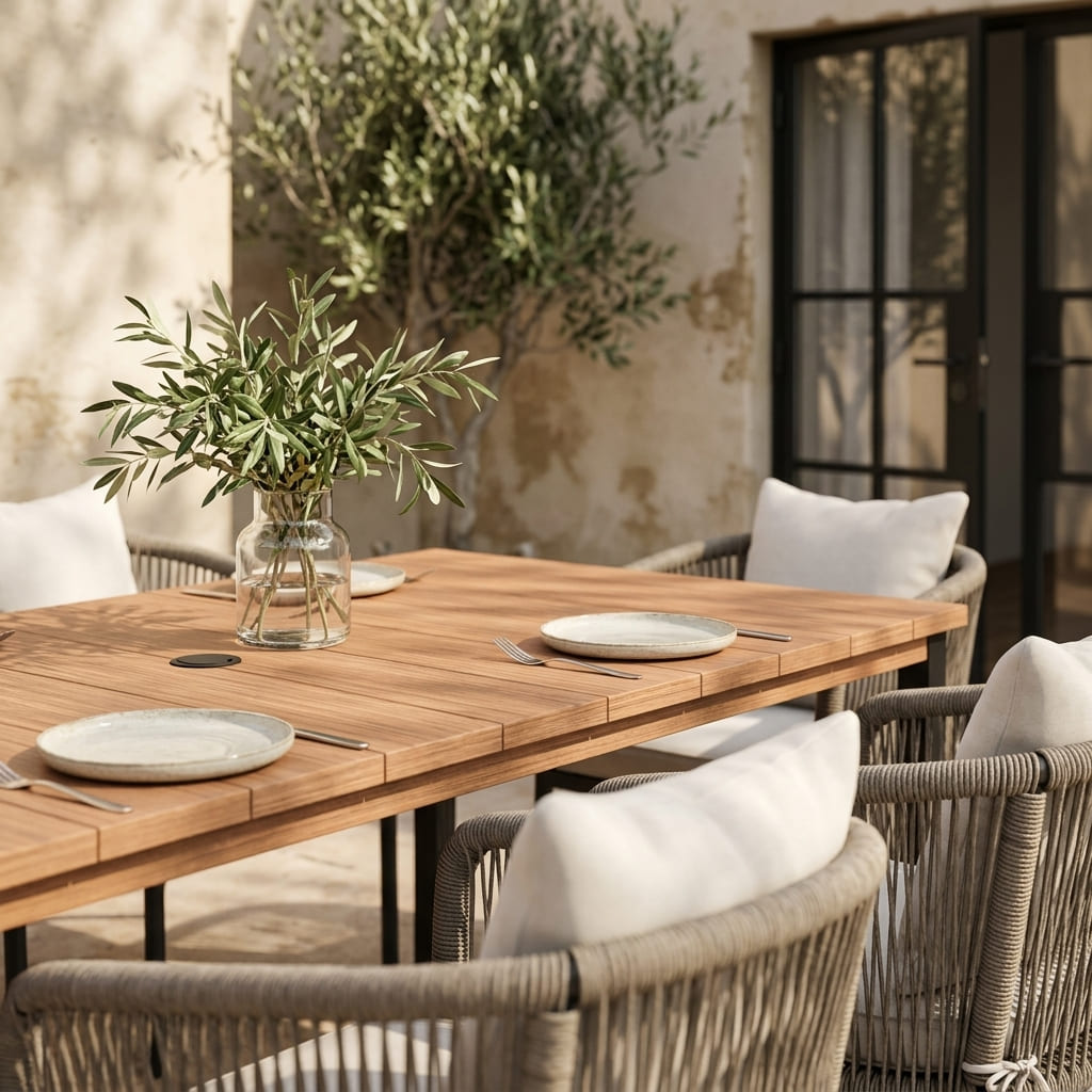 Vicllax 7-Piece Outside Dining Furniture - 63" Rectangular Slat-Top Table with Aria Modern Woven Rope Armchair