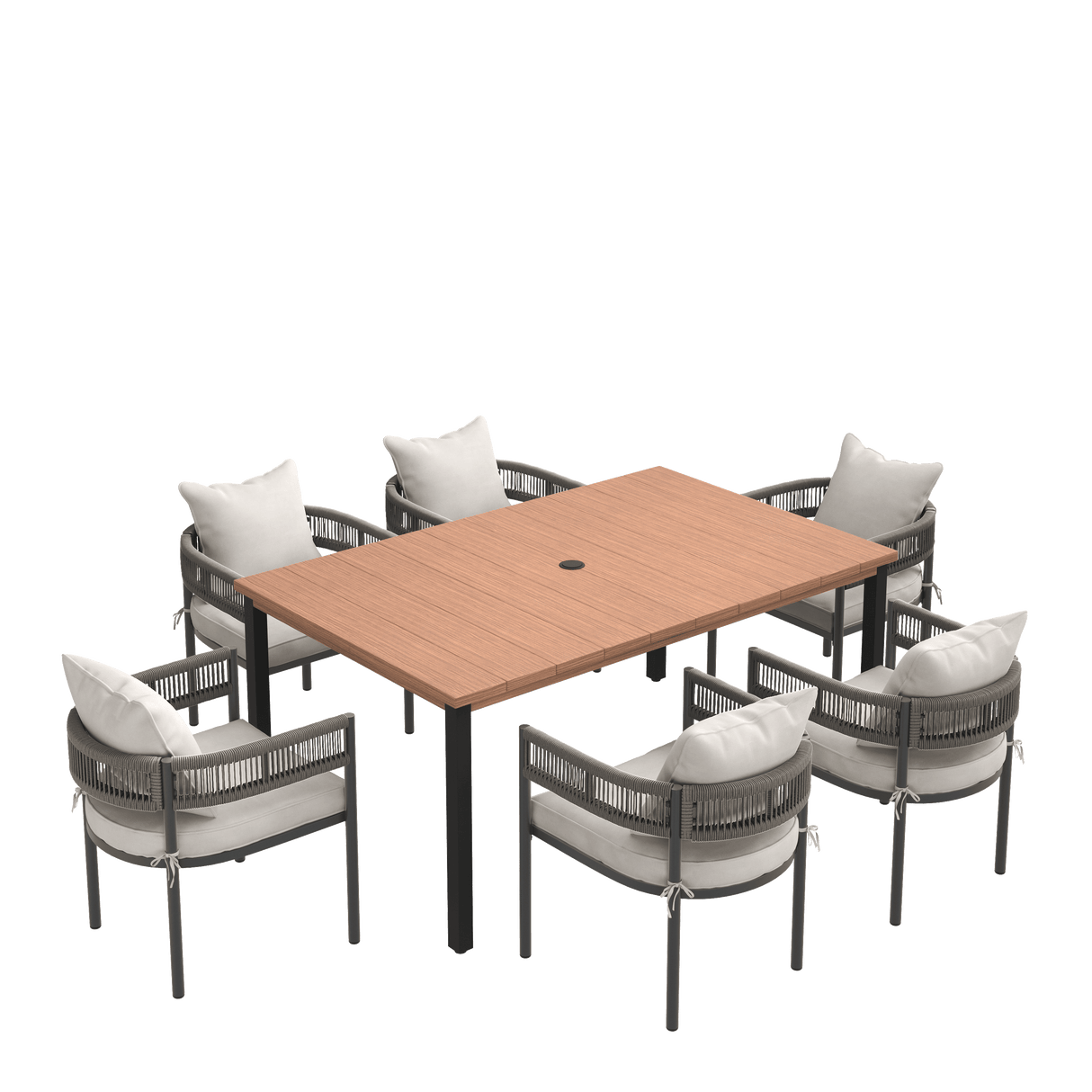 VICLLAX 7-Piece Weather-Resistant Outside Dining Furniture - 63" Rectangular Slat-Top Table with 6 Aria Low-back Outdoor Dining Armchair