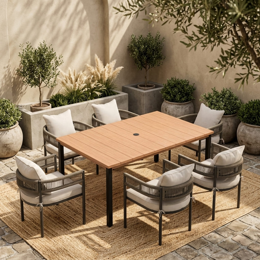 VICLLAX 7-Piece Weather-Resistant Outside Dining Furniture - 63" Rectangular Slat-Top Table with 6 Aria Low-back Outdoor Dining Armchair
