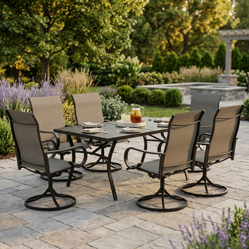 Vicllax Outdoor Dining Table Set for 6 People, Rectangular Table & Swivel Chair Set of 6