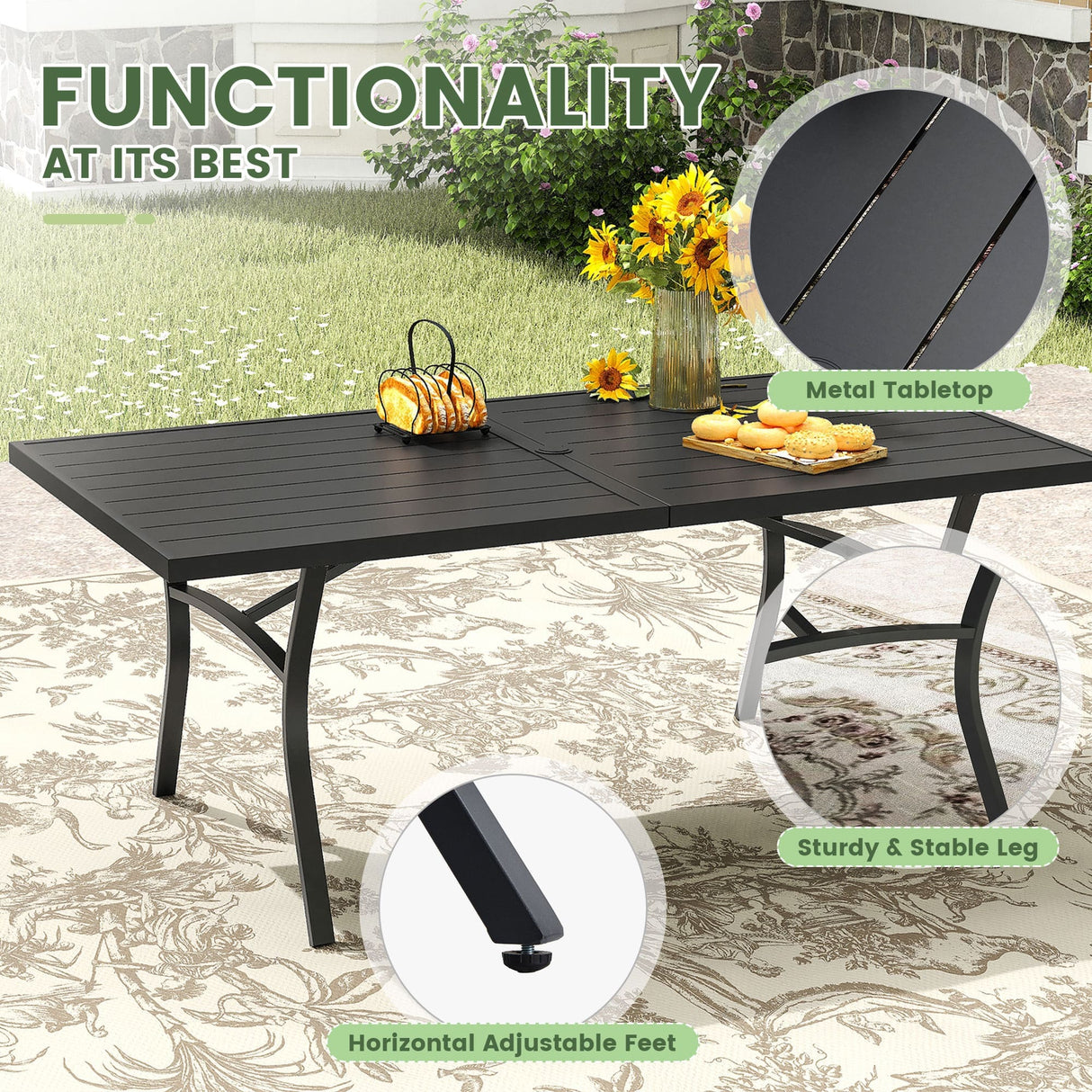 Vicllax 7 Pieces Outdoor Dining Set, Metal 63" Rectangular Table and Solana Swivel Chair