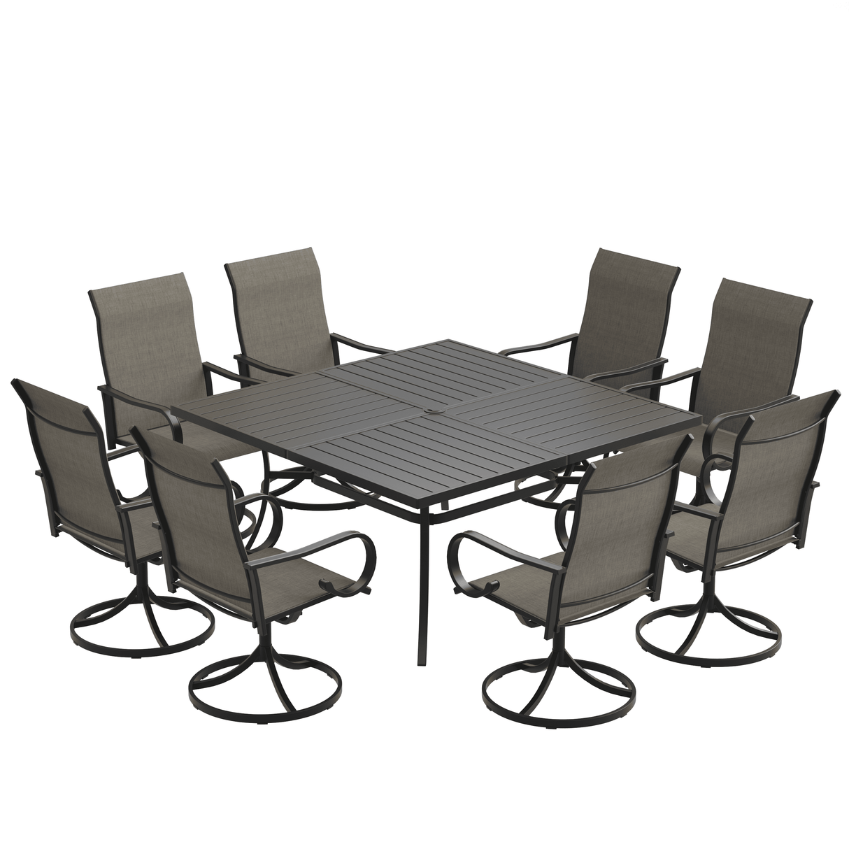 Vicllax 9-Piece Modern Patio Dining Set with 59.8 inch Square Table with Umbrella Hole and Swivel Rocking Sling Chairs