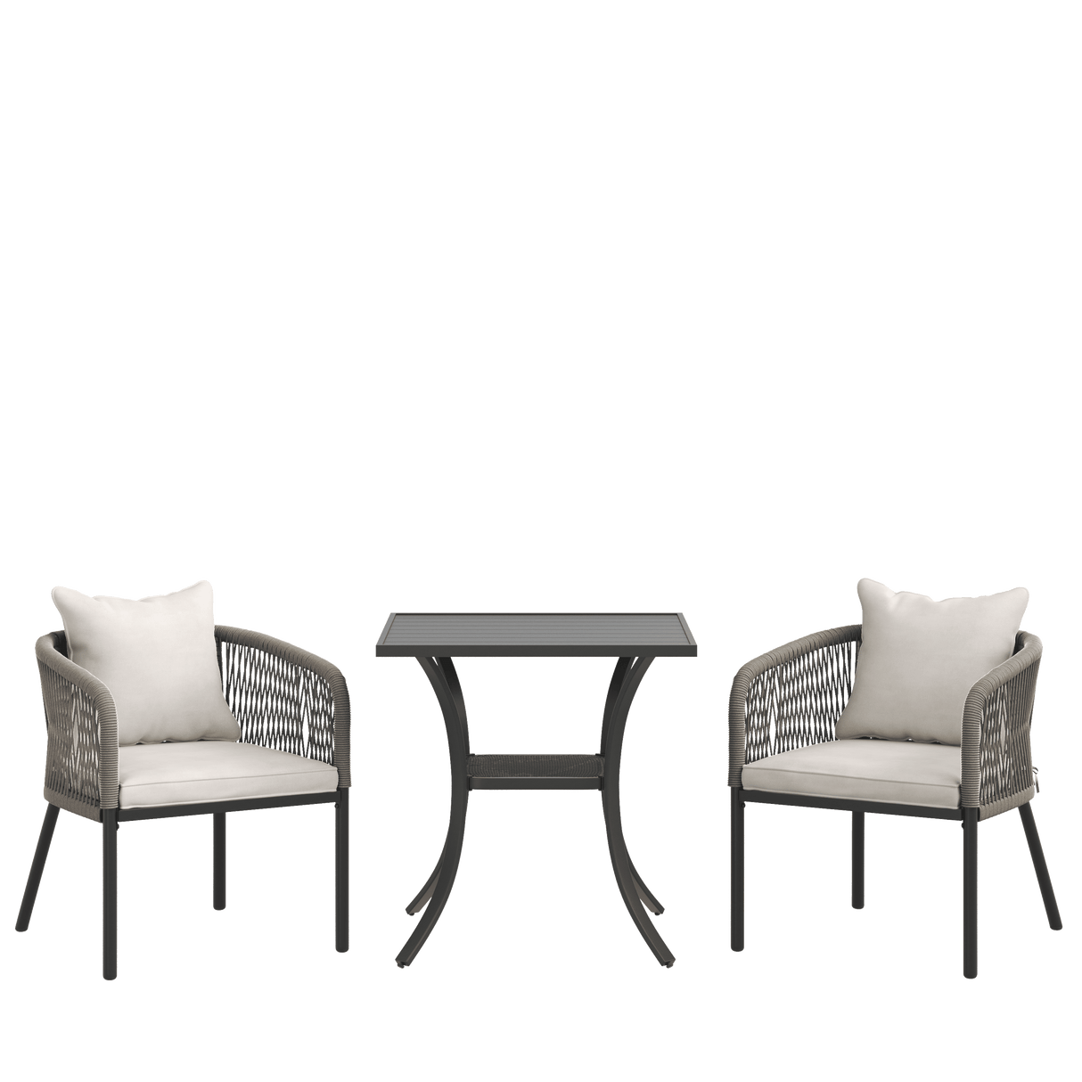 Vicllax 3-Piece Outdoor Wicker Patio Dining Set - 27.6-Inch Square Table with Umbrella Hole and Aria Modern Woven Rope Armchair