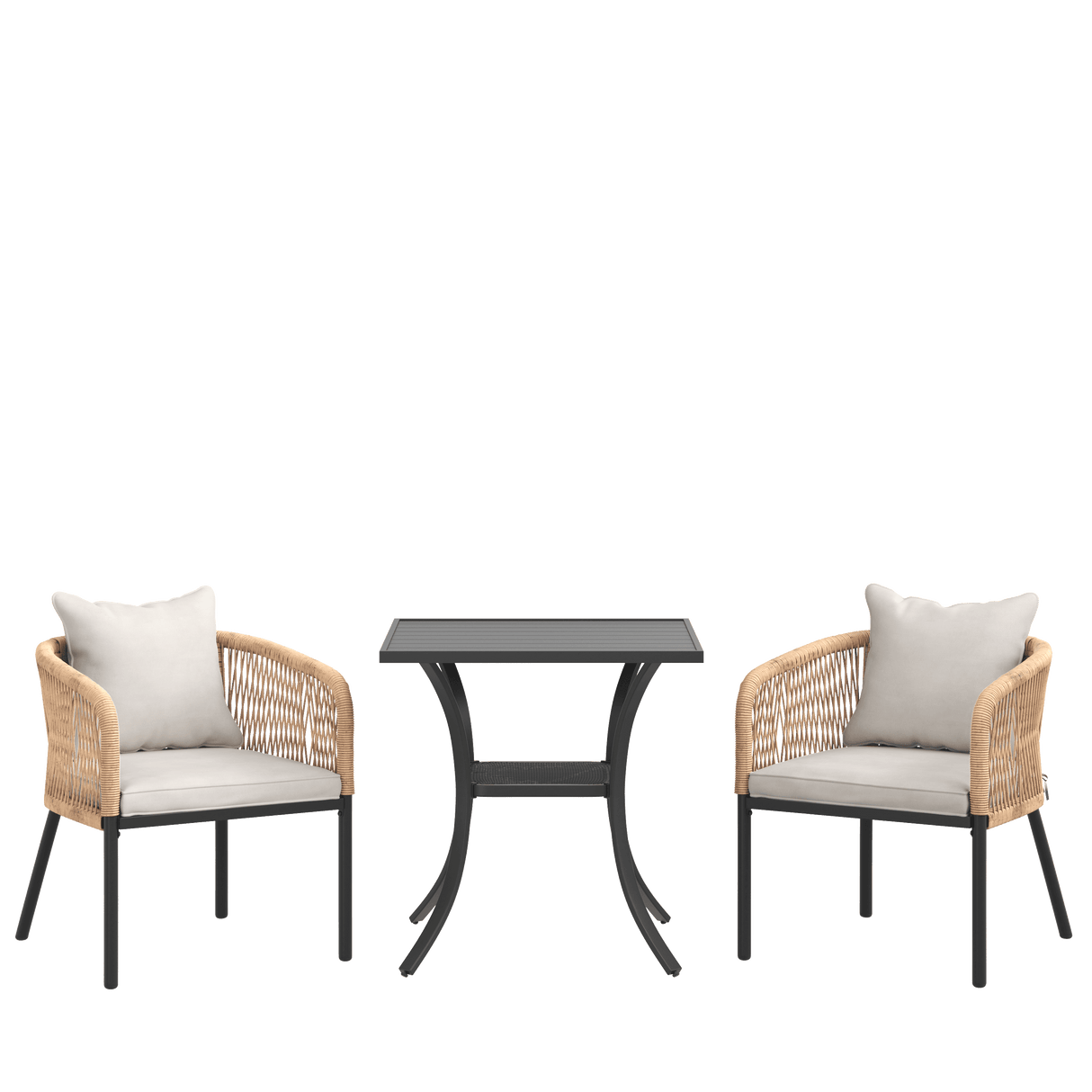 Vicllax 3-Piece Outdoor Wicker Patio Dining Set - 27.6-Inch Square Table with Umbrella Hole and Aria Modern Woven Rope Armchair