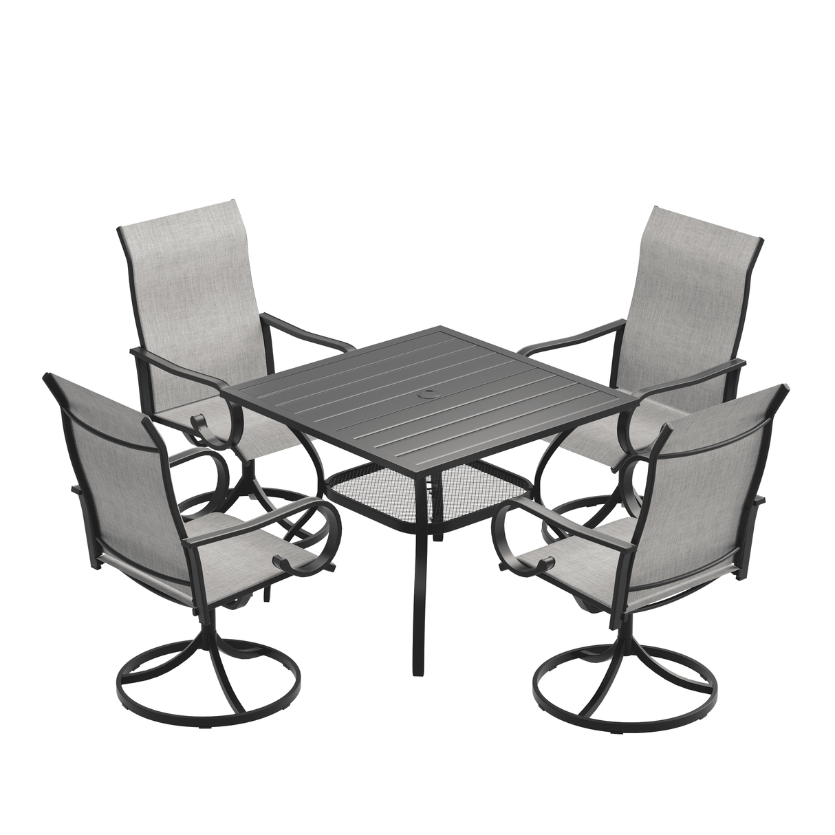 VICLLAX 5-Piece Modern Patio Dining Set, Square Table with Umbrella Hole and High-back Swivel Rocking Sling Chairs