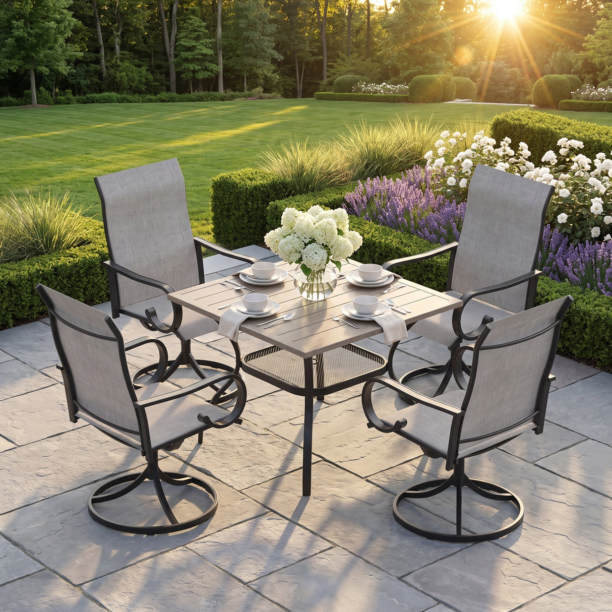 VICLLAX 5-Piece Modern Patio Dining Set, Square Table with Umbrella Hole and High-back Swivel Rocking Sling Chairs