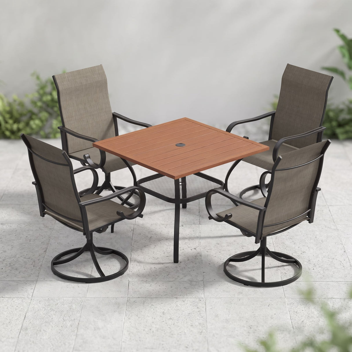 VICLLAX 5-Piece Modern Patio Dining Set, Square Table with Umbrella Hole and High-back Swivel Rocking Sling Chairs