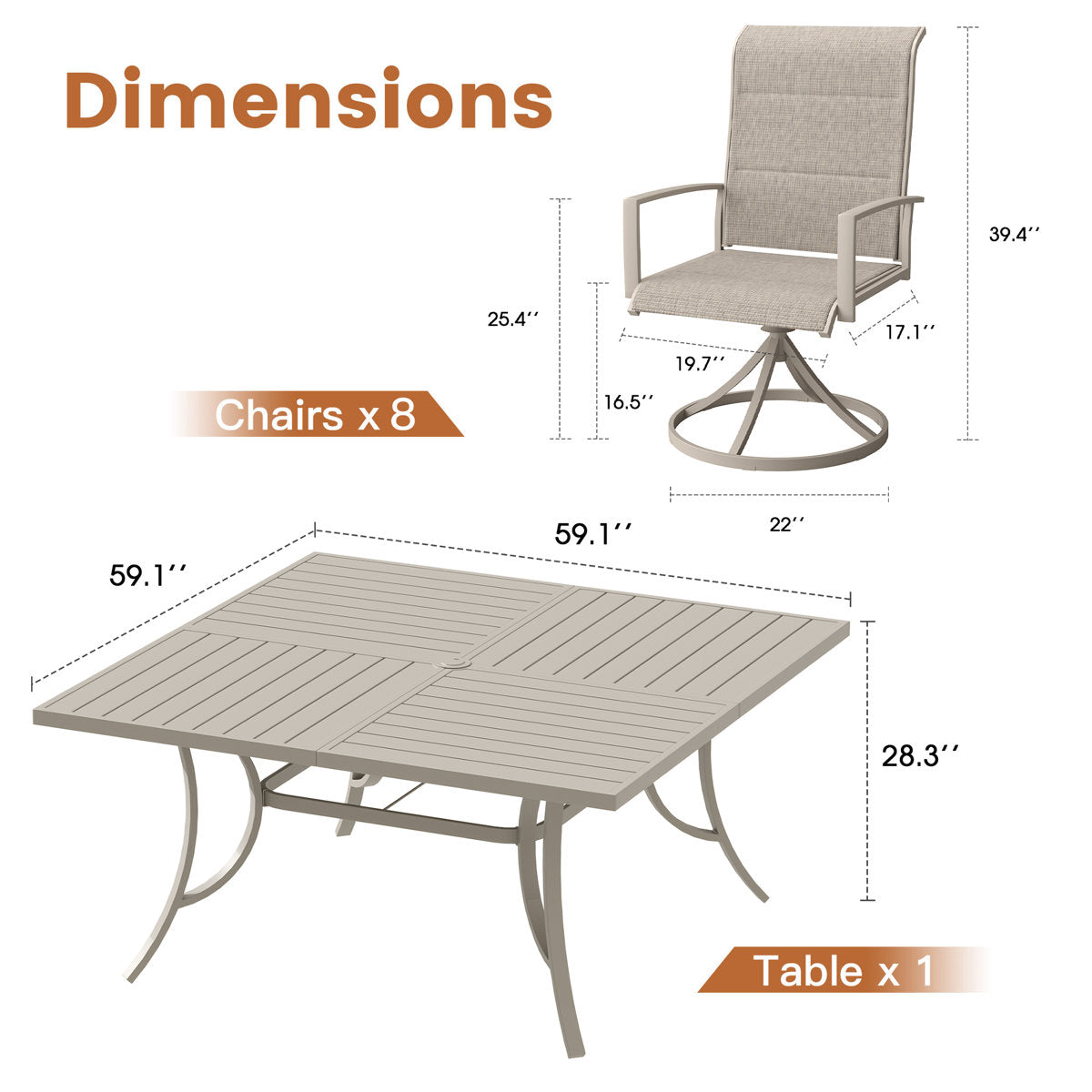 Vicllax Patio Dining Table Set for 8, Outdoor 59" Square Large Metal Table and Padded Swivel Dining Chairs
