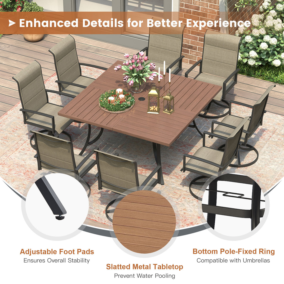 Vicllax Patio Dining Table Set for 8, Outdoor 59" Square Large Metal Table and Padded Swivel Dining Chairs