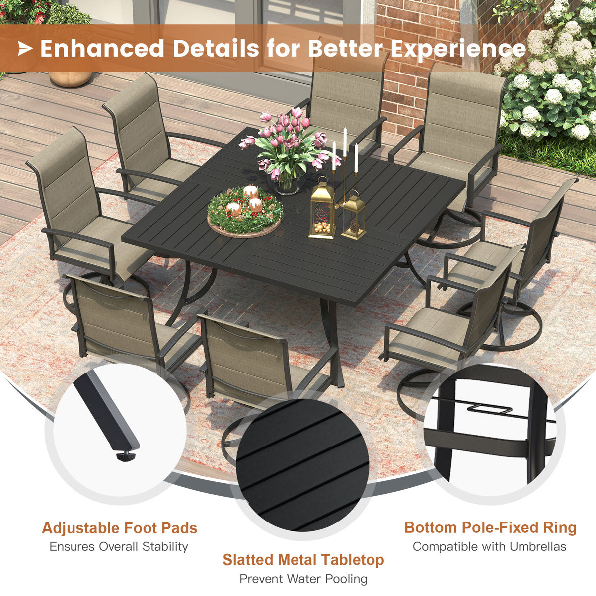 Vicllax Patio Dining Table Set for 8, Outdoor 59" Square Large Metal Table and Padded Swivel Dining Chairs