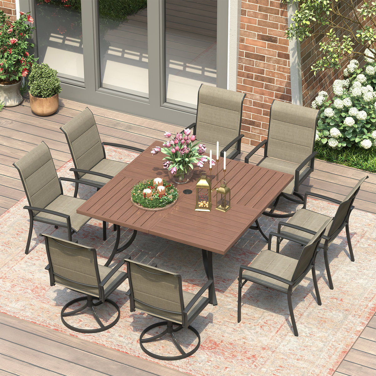 Vicllax Patio Dining Table Set for 8, Outdoor 59" Square Large Metal Table and Padded Swivel&Stackable Textilene Dining Chairs