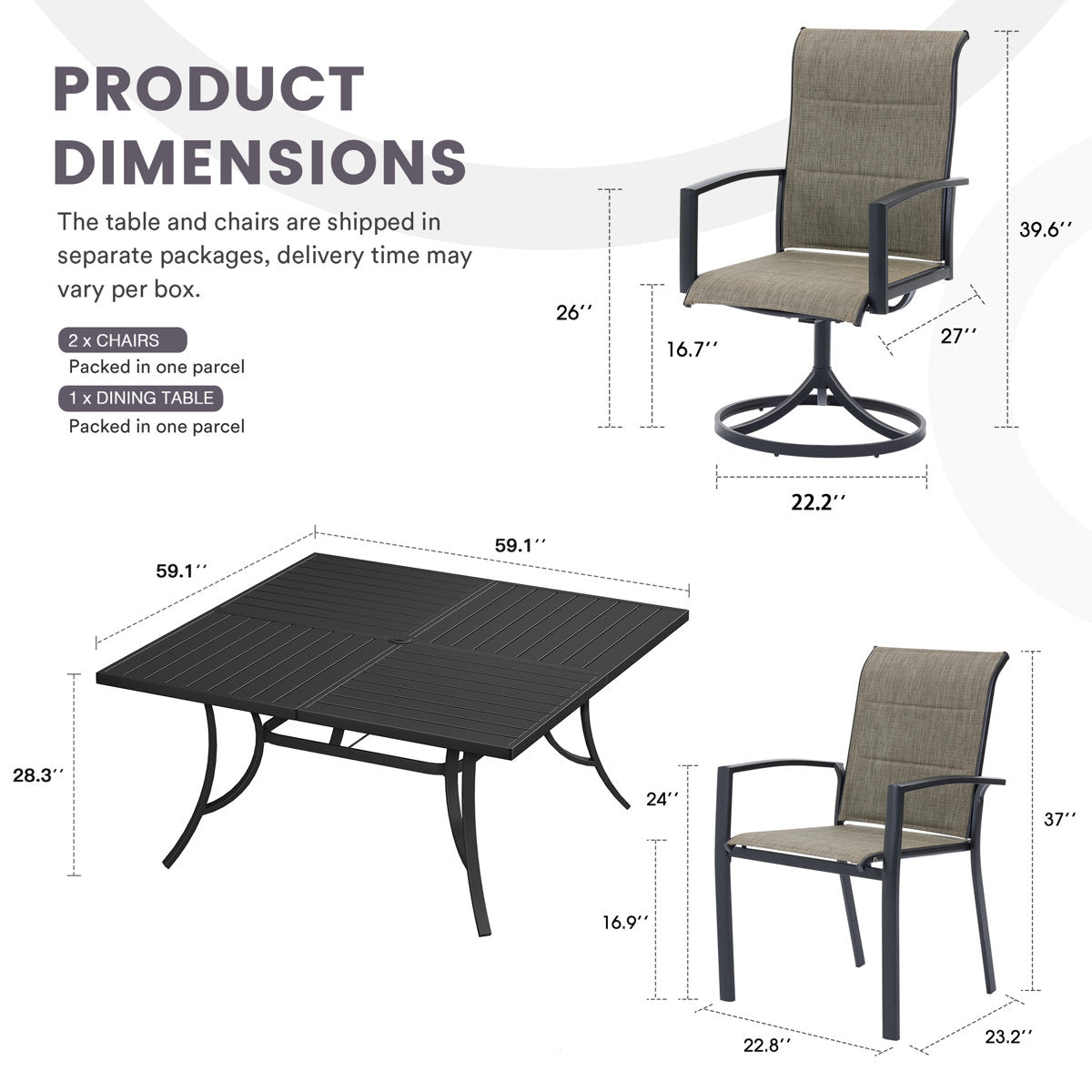 Vicllax Patio Dining Table Set for 8, Outdoor 59" Square Large Metal Table and Padded Swivel&Stackable Textilene Dining Chairs