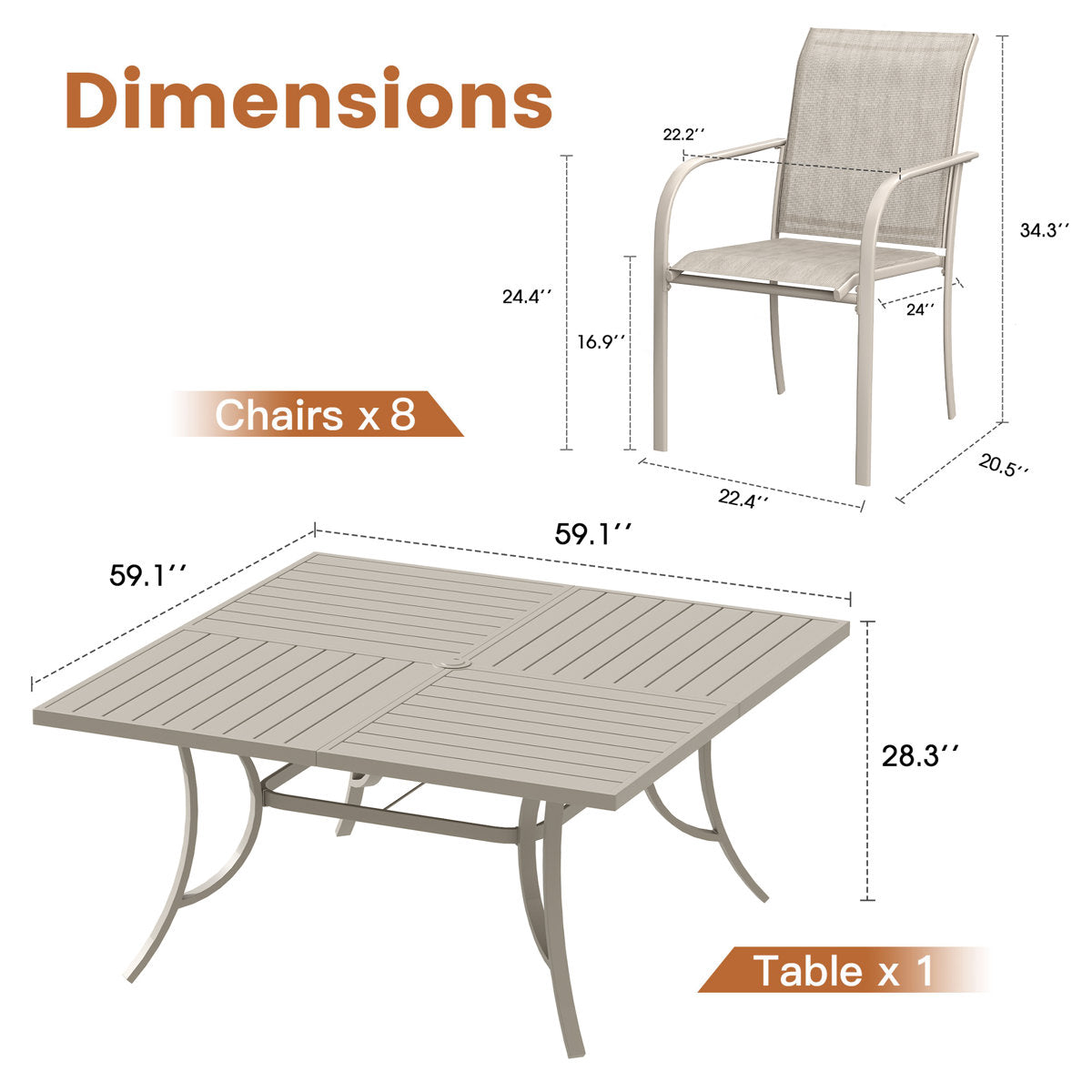 Vicllax 9 Pieces Outdoor Sandshell Dining Set with 59" Square Dining Table and Stackable Chair