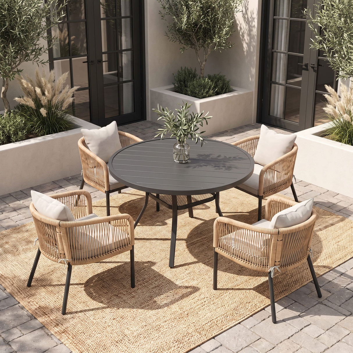 Vicllax 5-Piece Outdoor Wicker Patio Dining Set - 40 or 47-Inch Round Table with Umbrella Hole and 4 Cushioned Resin Rattan Armchairs