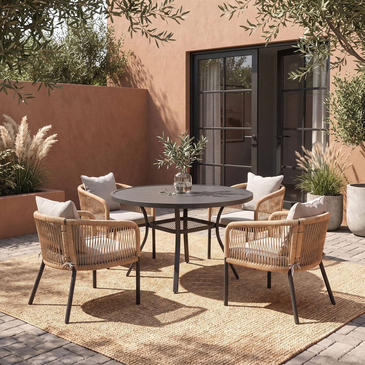 Vicllax 5-Piece Outdoor Wicker Patio Dining Set - 40 or 47-Inch Round Table with Umbrella Hole and 4 Cushioned Resin Rattan Armchairs