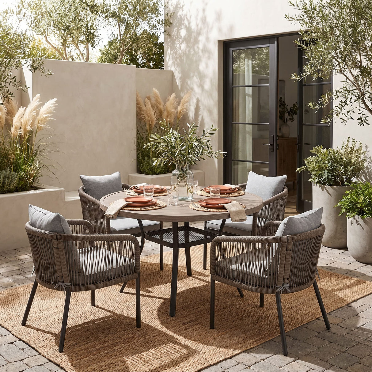 Vicllax 5-Piece Outdoor Wicker Patio Dining Set - 40 or 47-Inch Round Table with Umbrella Hole and 4 Cushioned Resin Rattan Armchairs