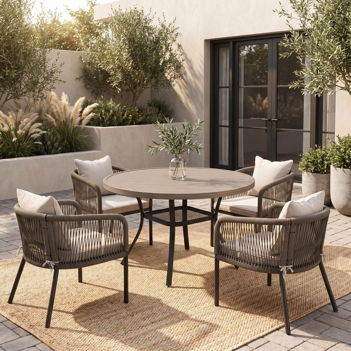 Vicllax 5-Piece Outdoor Wicker Patio Dining Set - 40 or 47-Inch Round Table with Umbrella Hole and 4 Cushioned Resin Rattan Armchairs