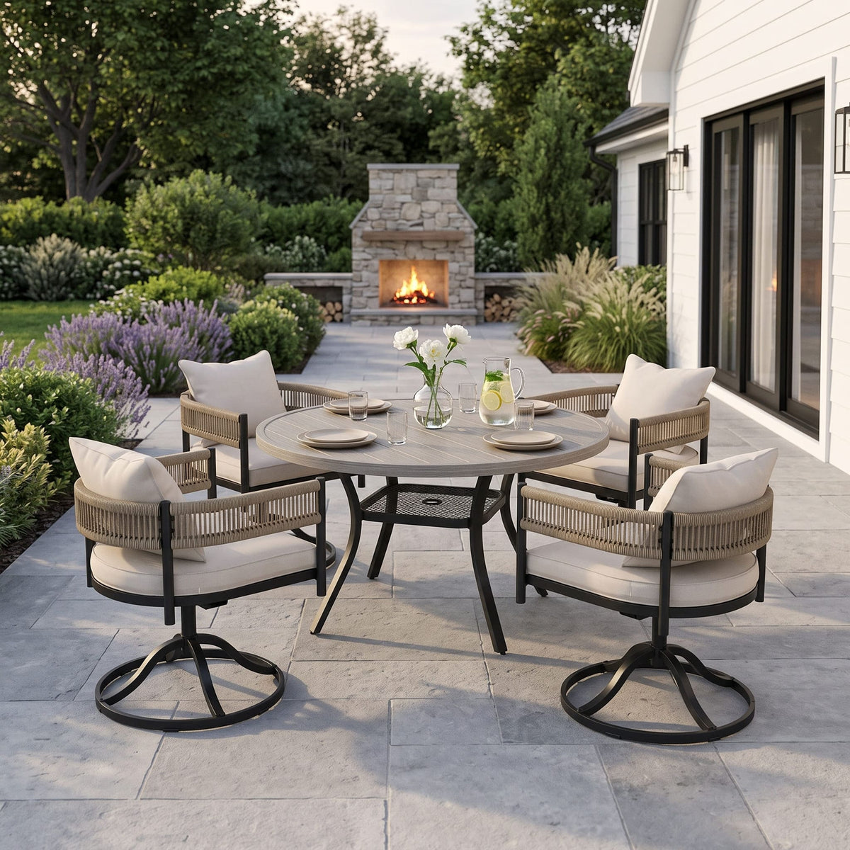 VICLLAX Round Patio Dining Set of 4 with Aria Woven Rope Swivel Chairs, 40.2" / 47.2"