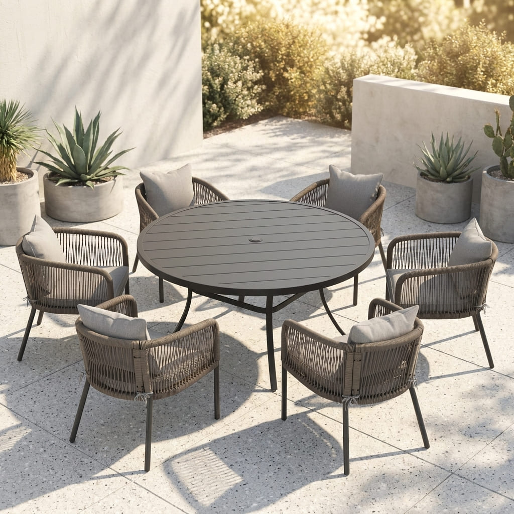 Vicllax 7-Piece Outdoor Wicker Patio Dining Set - 50 or 53-Inch Round Table with Umbrella Hole and Aria Modern Woven Rope Armchair