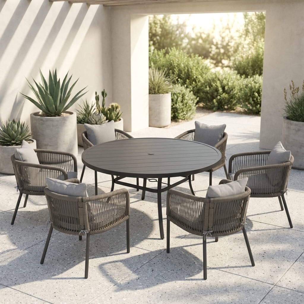 Vicllax 7-Piece Outdoor Wicker Patio Dining Set - 50 or 53-Inch Round Table with Umbrella Hole and Aria Modern Woven Rope Armchair