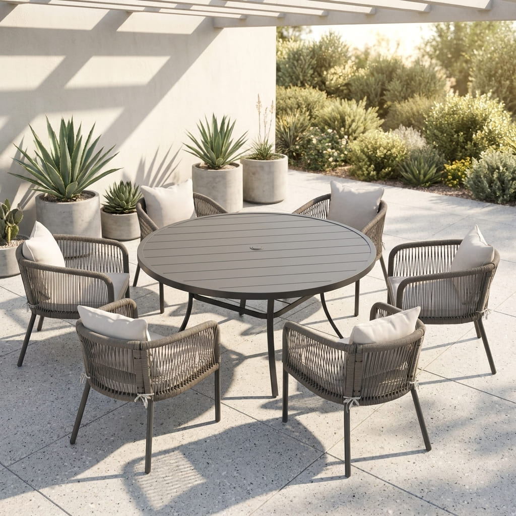 Vicllax 7-Piece Outdoor Wicker Patio Dining Set - 50 or 53-Inch Round Table with Umbrella Hole and Aria Modern Woven Rope Armchair