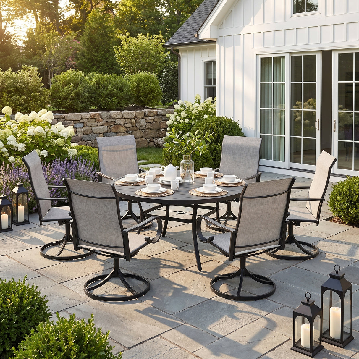 VICLLAX 7-Piece Patio Furniture Set - 50/53" Diameter Round Slat Top Dining Table with 6 Swivel Mesh Chairs