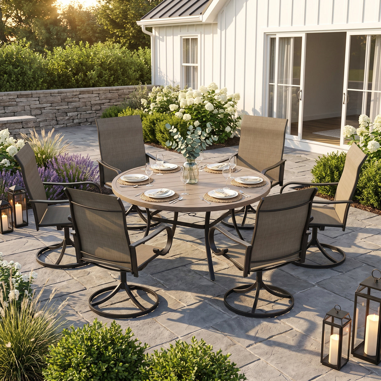VICLLAX 7-Piece Patio Furniture Set - 50/53" Diameter Round Slat Top Dining Table with 6 Swivel Mesh Chairs