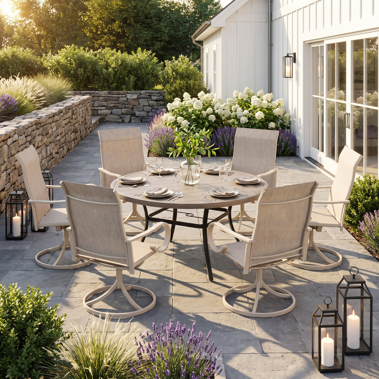 VICLLAX 7-Piece Patio Furniture Set - 50/53" Diameter Round Slat Top Dining Table with 6 Swivel Mesh Chairs