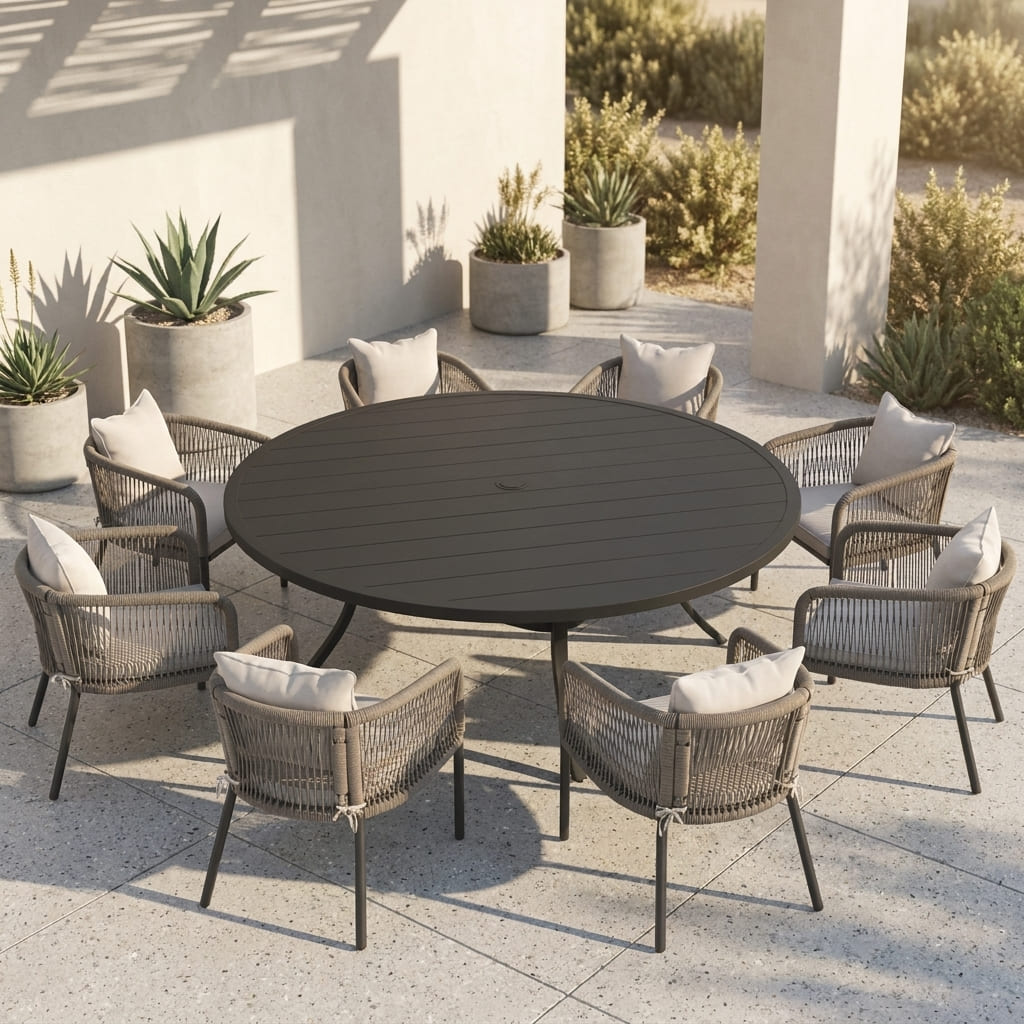 Vicllax 9-Piece Outdoor Wicker Patio Dining Set - 60 or 63-Inch Round Table with Umbrella Hole and Aria Modern Woven Rope Armchair