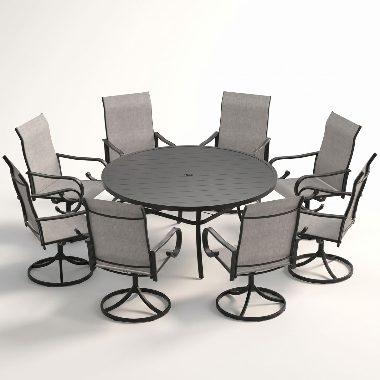 VICLLAX 9-Piece Patio Furniture Set - 60/63" Diameter Round Slat Top Dining Table with 8 Swivel Mesh Chairs