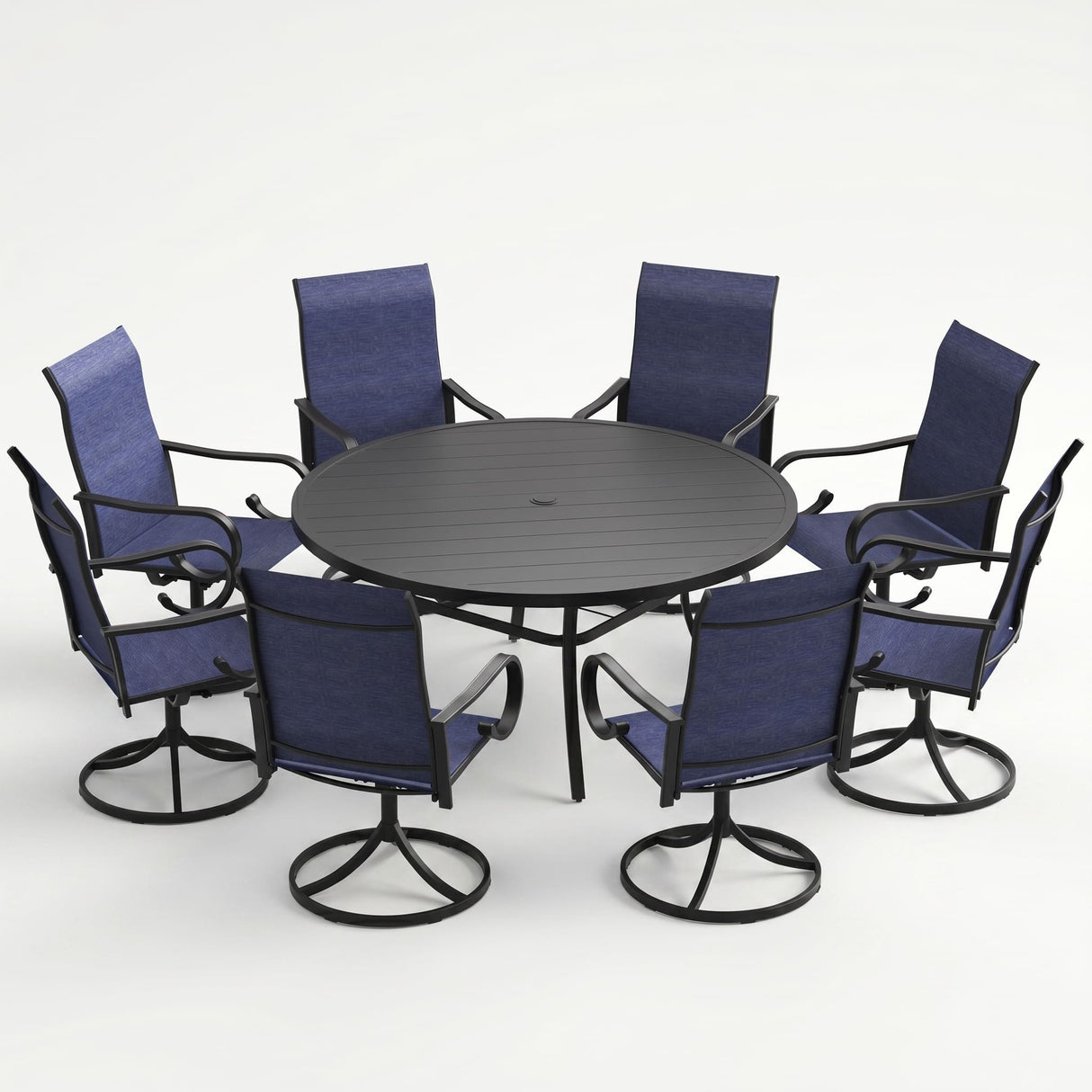 VICLLAX 9-Piece Patio Furniture Set - 60/63" Diameter Round Slat Top Dining Table with 8 Swivel Mesh Chairs