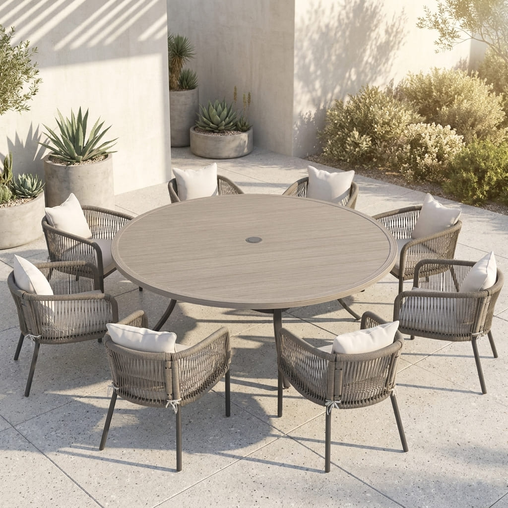 Vicllax 9-Piece Outdoor Wicker Patio Dining Set - 60 or 63-Inch Round Table with Umbrella Hole and Aria Modern Woven Rope Armchair