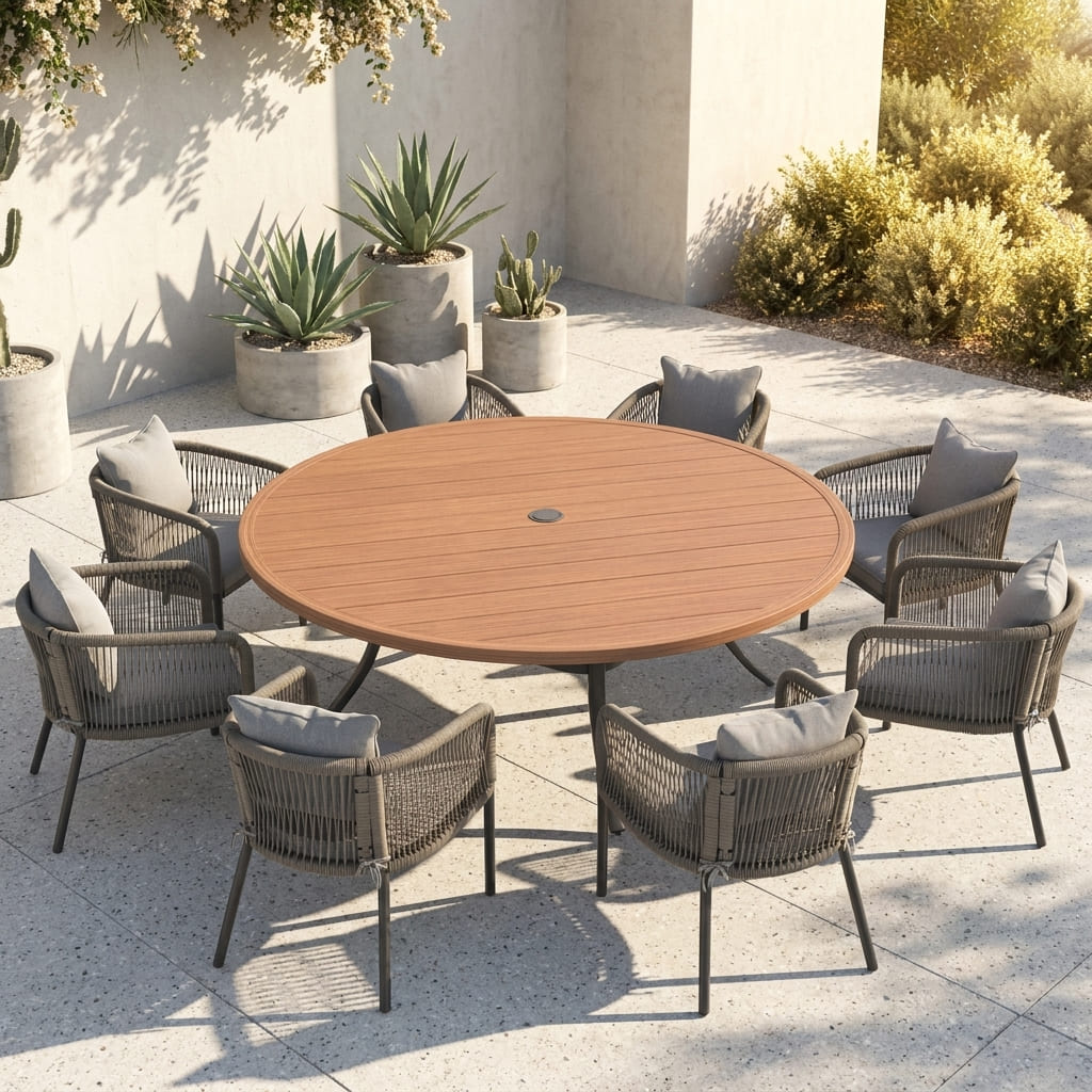 Vicllax 9-Piece Outdoor Wicker Patio Dining Set - 60 or 63-Inch Round Table with Umbrella Hole and Aria Modern Woven Rope Armchair