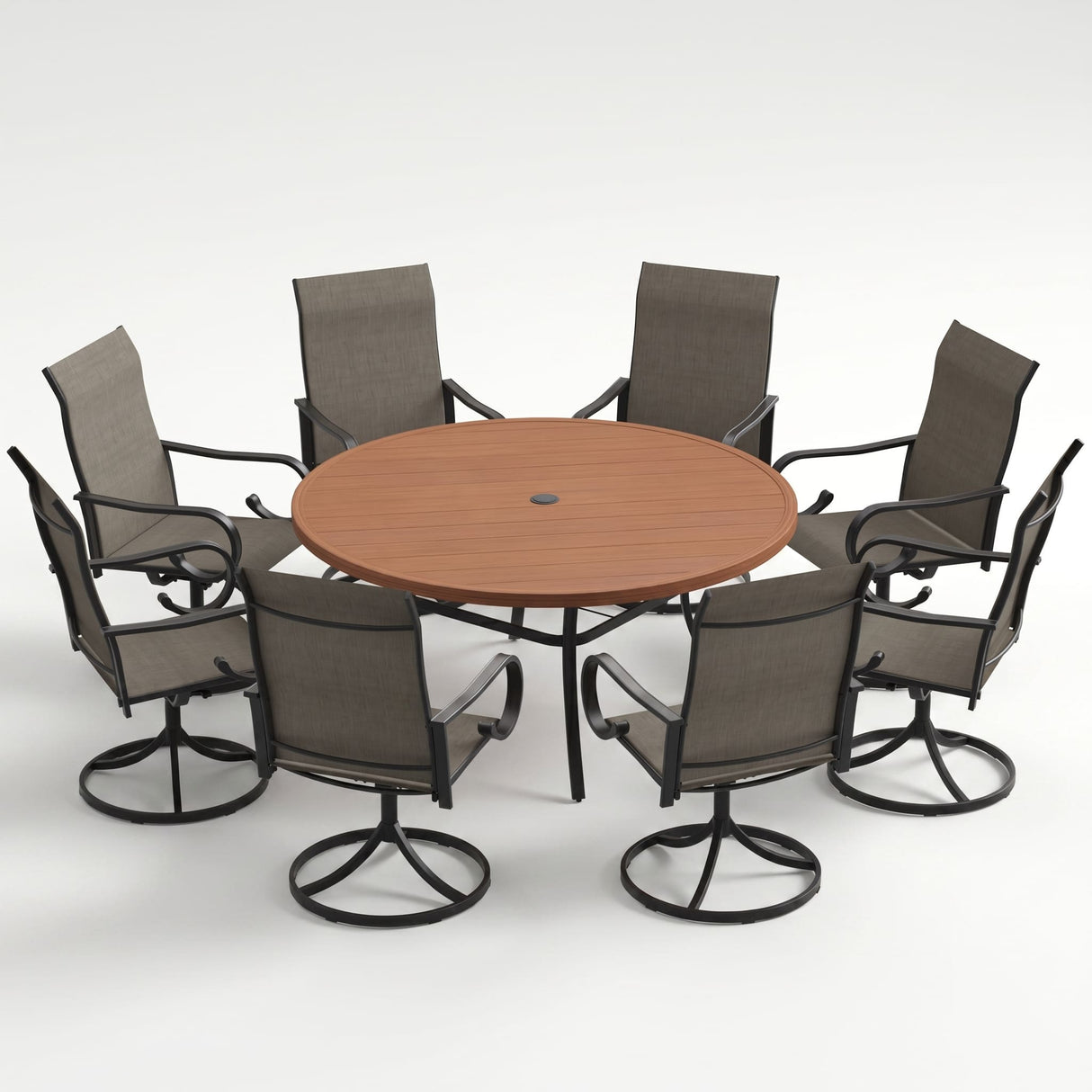 VICLLAX 9-Piece Patio Furniture Set - 60/63" Diameter Round Slat Top Dining Table with 8 Swivel Mesh Chairs