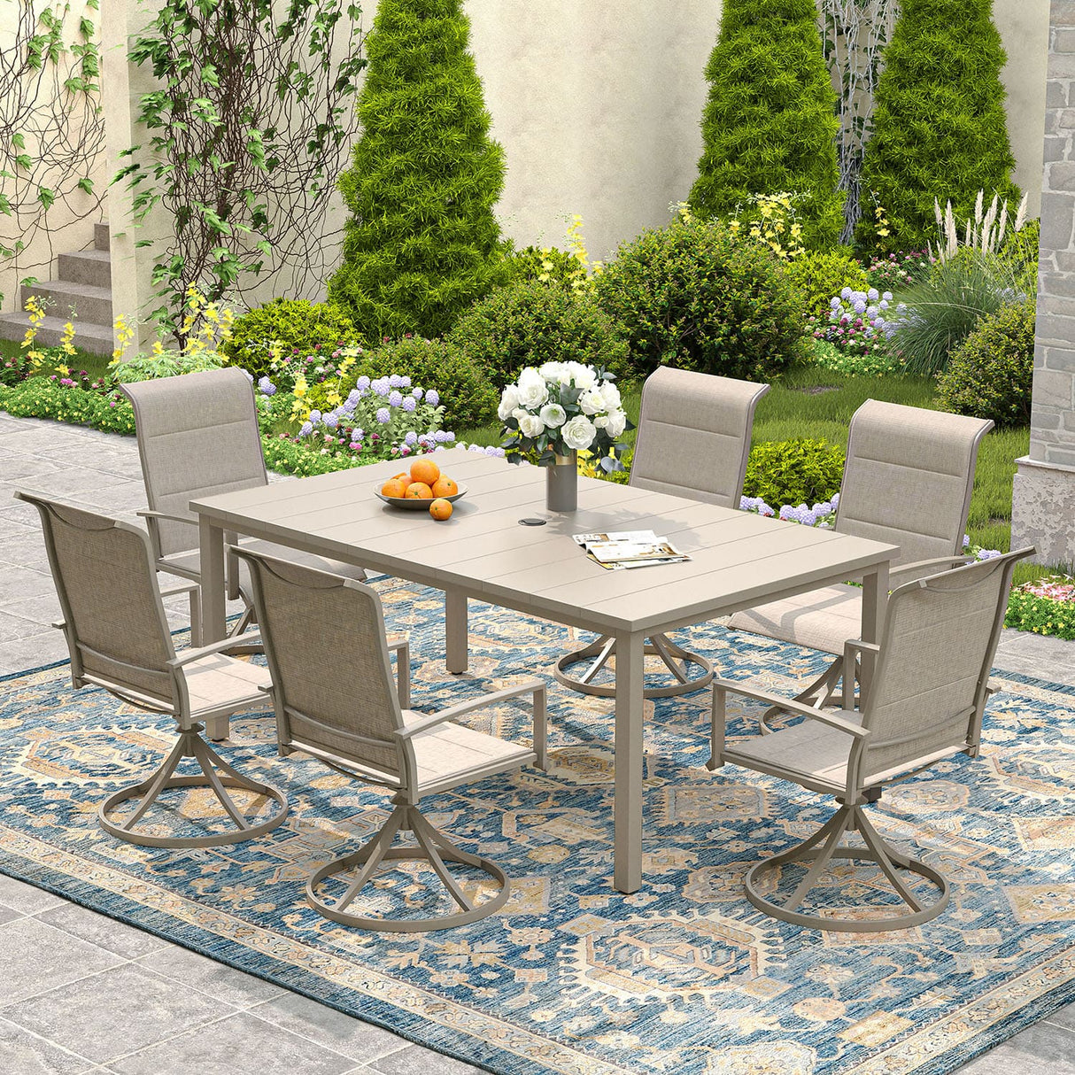 Vicllax 7 Pieces Outdoor Dining Set with Rectangular Dining Table and Padded Swivel Chairs