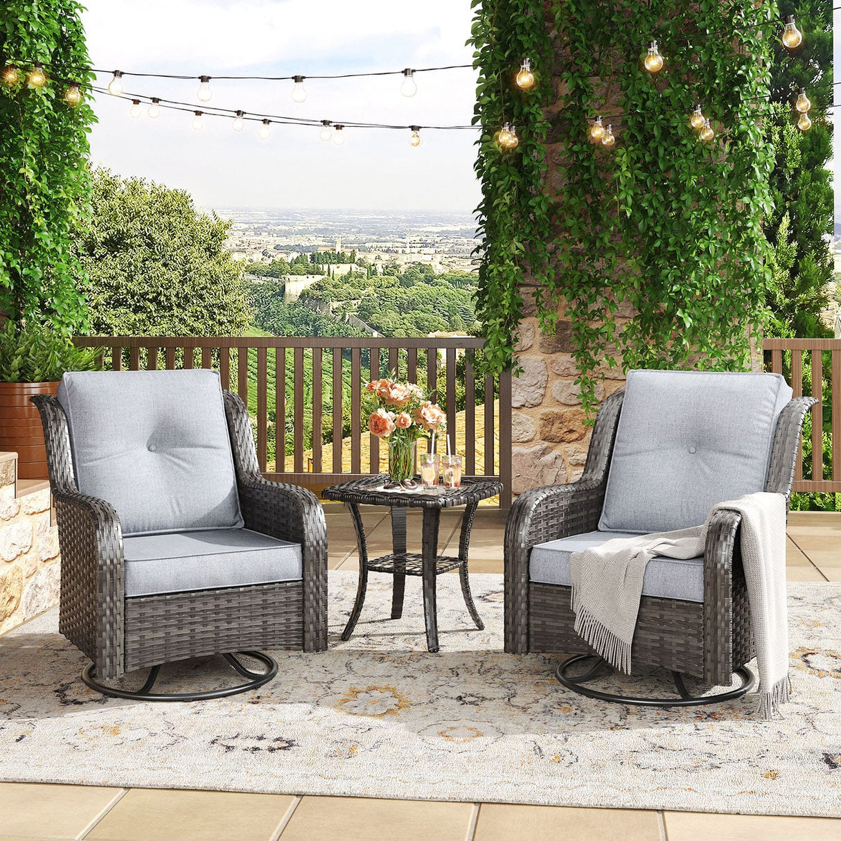 Vicllax Patio Wicker Oasis Lounge Set, Cushioned Sofa Swivel Chairs and Ottomans