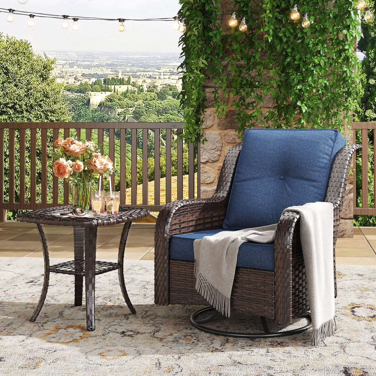 Vicllax Terrace Wide Wicker High-Back Cushioned Sofa, Outdoor Wicker Chair, Double-Seater Balcony Lounge