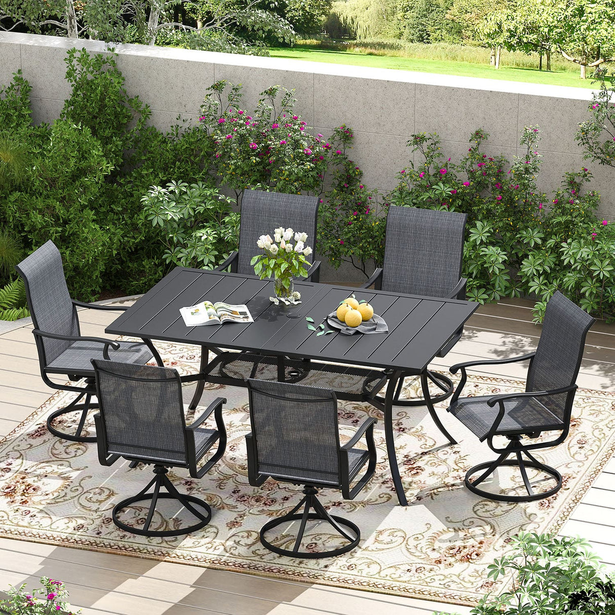 Vicllax 7 Pieces Outdoor Dining Set with Metal Rectangular Table and Premium Swivel Chair