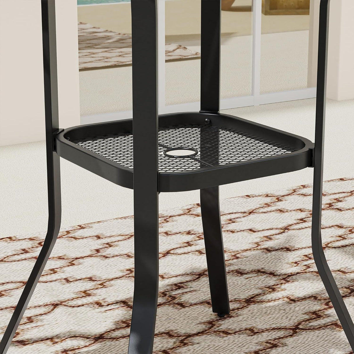 Vicllax Mesa de bar para exteriores con orificio para sombrilla, mesa cuadrada de altura con barra de metal para patio