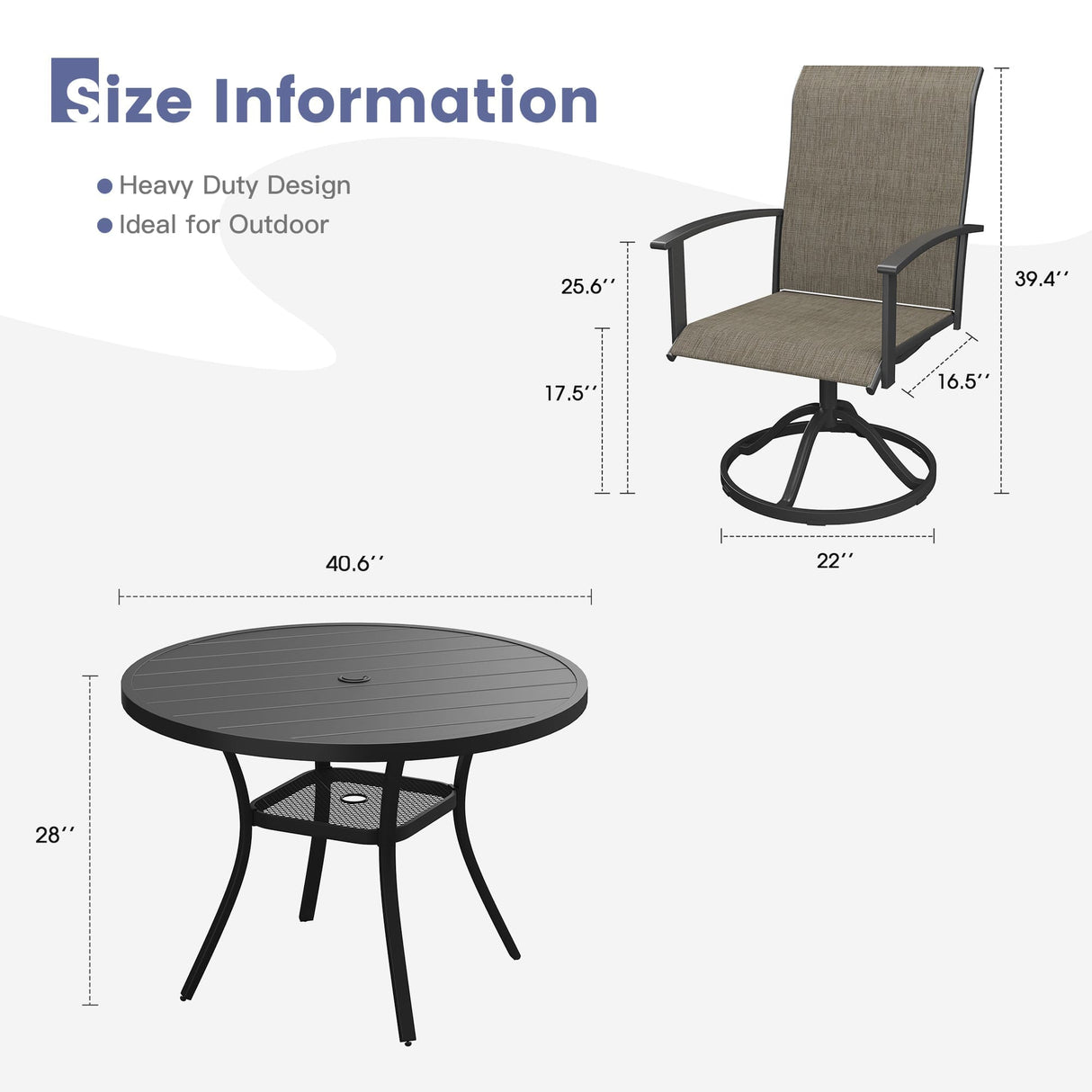 Vicllax 5-Piece Patio Dining Set, 40" Round Dining Table and Patio Swivel Chairs