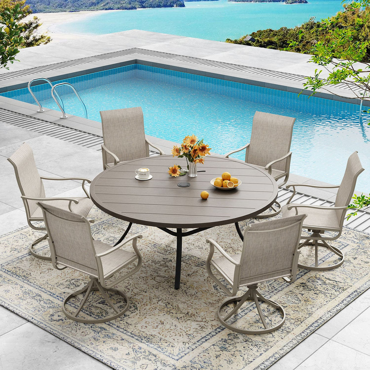 Vicllax 7/9 Pieces Outdoor Dining Set, Metal Round Dining Table and Premium Swivel Chairs