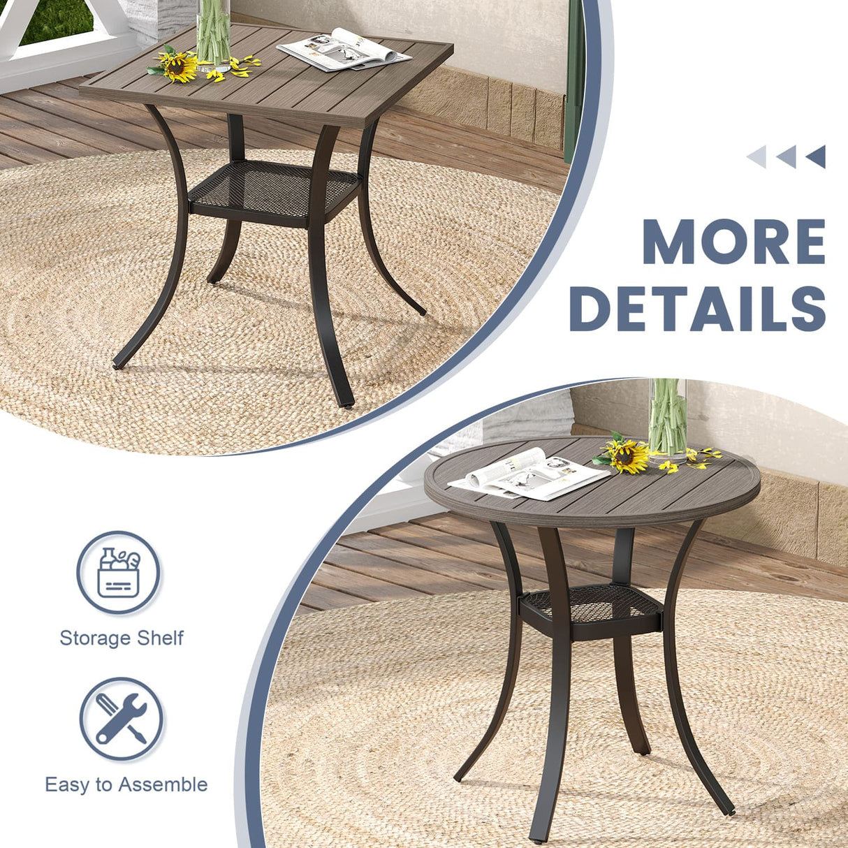 Vicllax 3-Piece Patio Bistro Set, Outdoor Swivel Chairs and 27.6" Small Metal Table With Storage Rack